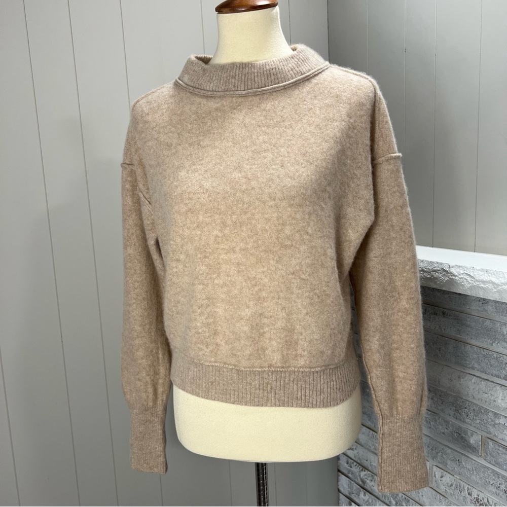 Free People Cashmere Soft Cozy Tan Mock Neck Exposed Seam Relaxed Fit Sweater S